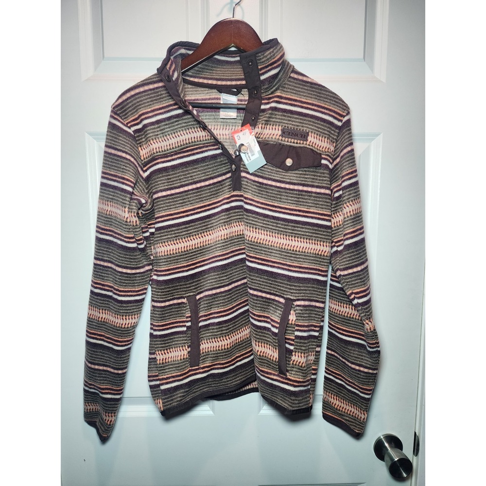 Cinch Women Polar Fleece Pullover Brown Striped Snap Neck Mock Neck Small NEW